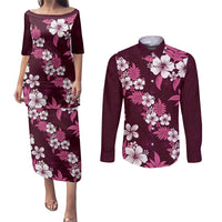 Hawaiian Hibiscus Tribal Floral Pink Couples Matching Puletasi and Long Sleeve Button Shirt Polynesian Tapa Pattern - Polynesian Pride