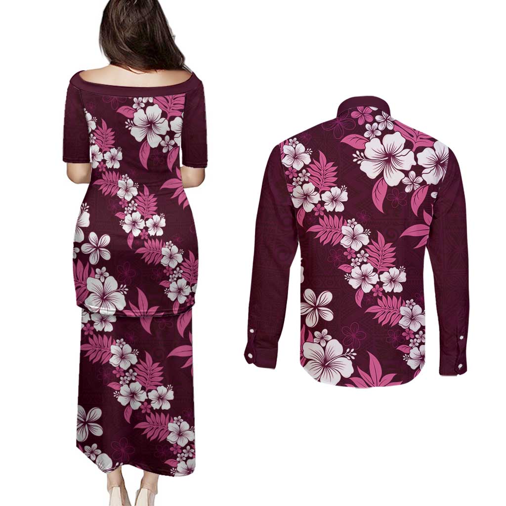 Hawaiian Hibiscus Tribal Floral Pink Couples Matching Puletasi and Long Sleeve Button Shirt Polynesian Tapa Pattern - Polynesian Pride