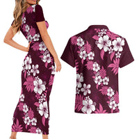 Hawaiian Hibiscus Tribal Floral Pink Couples Matching Short Sleeve Bodycon Dress and Hawaiian Shirt Polynesian Tapa Pattern - Polynesian Pride