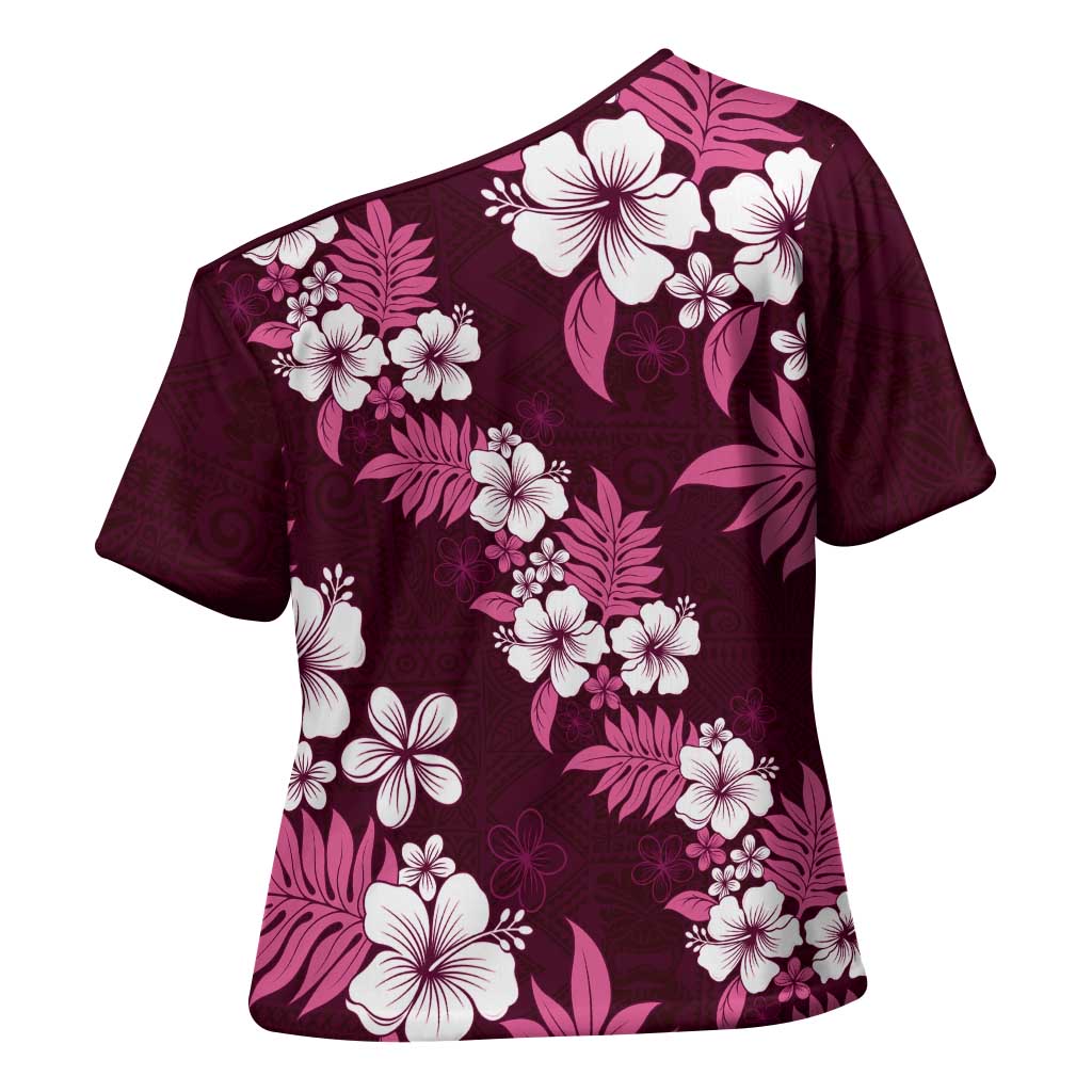 Hawaiian Hibiscus Tribal Floral Pink Cross Shoulder Shirt Polynesian Tapa Pattern LT01 - Polynesian Pride