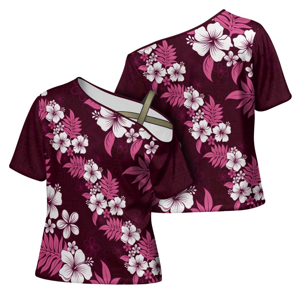 Hawaiian Hibiscus Tribal Floral Pink Cross Shoulder Shirt Polynesian Tapa Pattern LT01 - Polynesian Pride