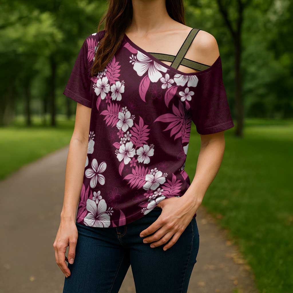 Hawaiian Hibiscus Tribal Floral Pink Cross Shoulder Shirt Polynesian Tapa Pattern LT01 - Polynesian Pride