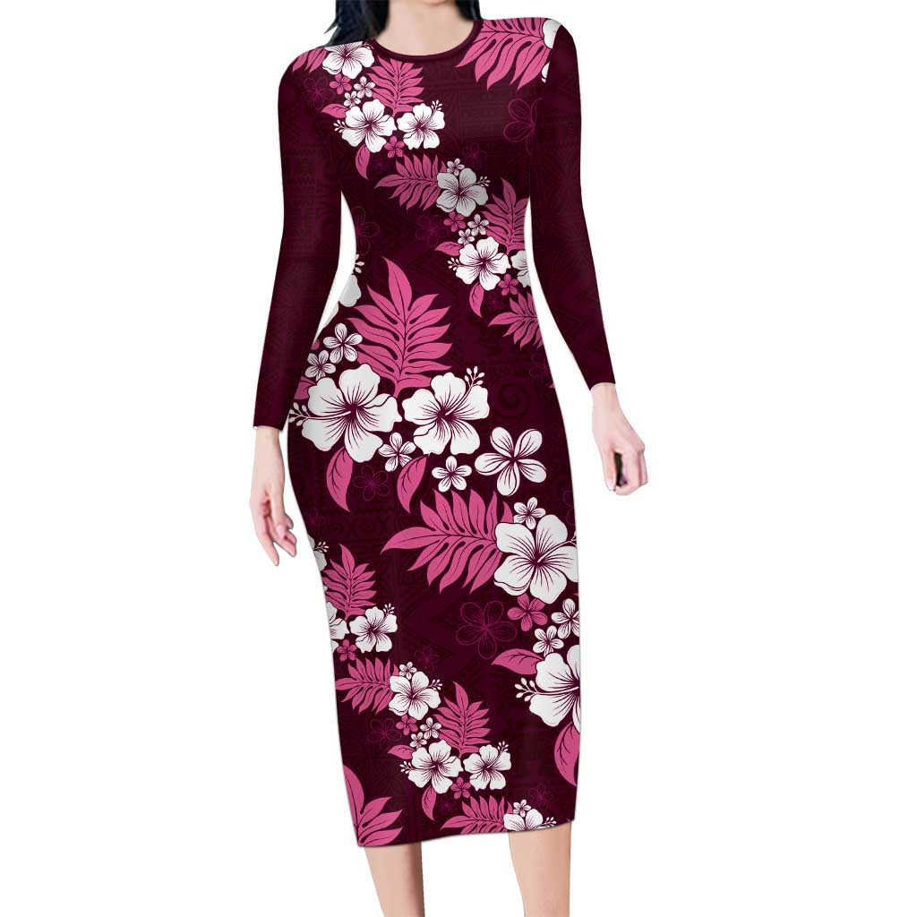 Hawaiian Hibiscus Tribal Floral Pink Family Matching Long Sleeve Bodycon Dress and Hawaiian Shirt Polynesian Tapa Pattern - Polynesian Pride