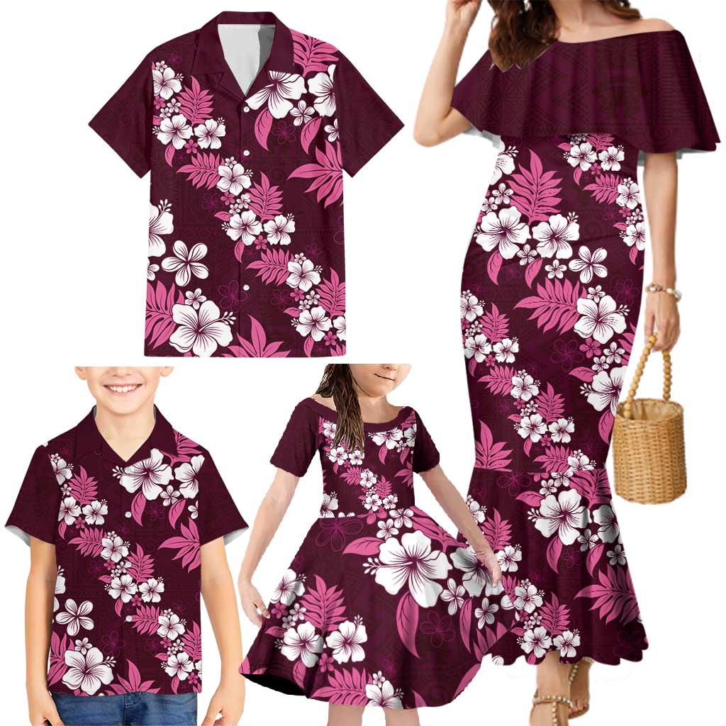 Hawaiian Hibiscus Tribal Floral Pink Family Matching Mermaid Dress and Hawaiian Shirt Polynesian Tapa Pattern - Polynesian Pride