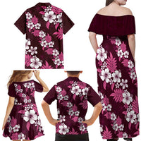 Hawaiian Hibiscus Tribal Floral Pink Family Matching Off Shoulder Maxi Dress and Hawaiian Shirt Polynesian Tapa Pattern - Polynesian Pride