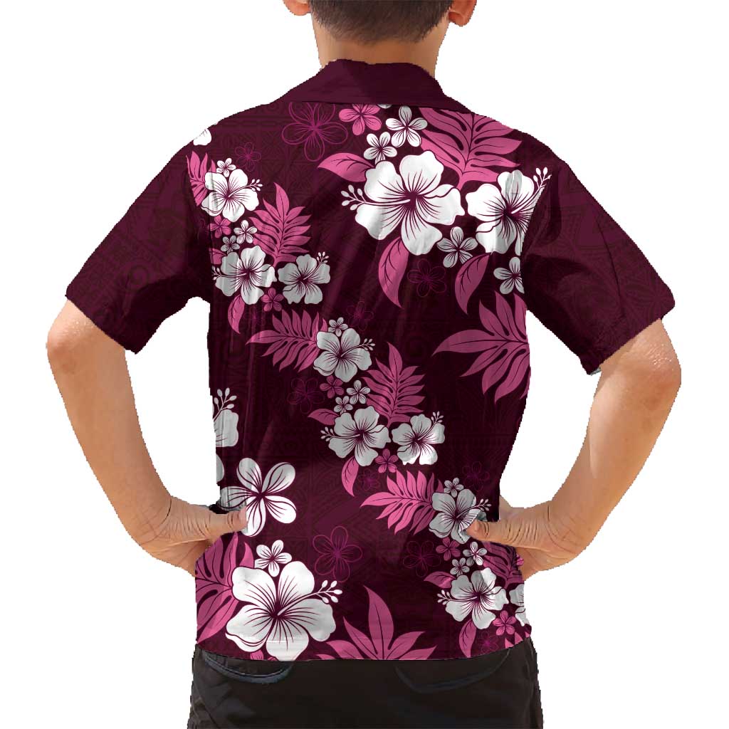 Hawaiian Hibiscus Tribal Floral Pink Family Matching Off Shoulder Short Dress and Hawaiian Shirt Polynesian Tapa Pattern - Polynesian Pride