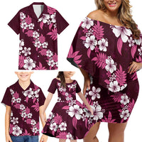 Hawaiian Hibiscus Tribal Floral Pink Family Matching Off Shoulder Short Dress and Hawaiian Shirt Polynesian Tapa Pattern - Polynesian Pride