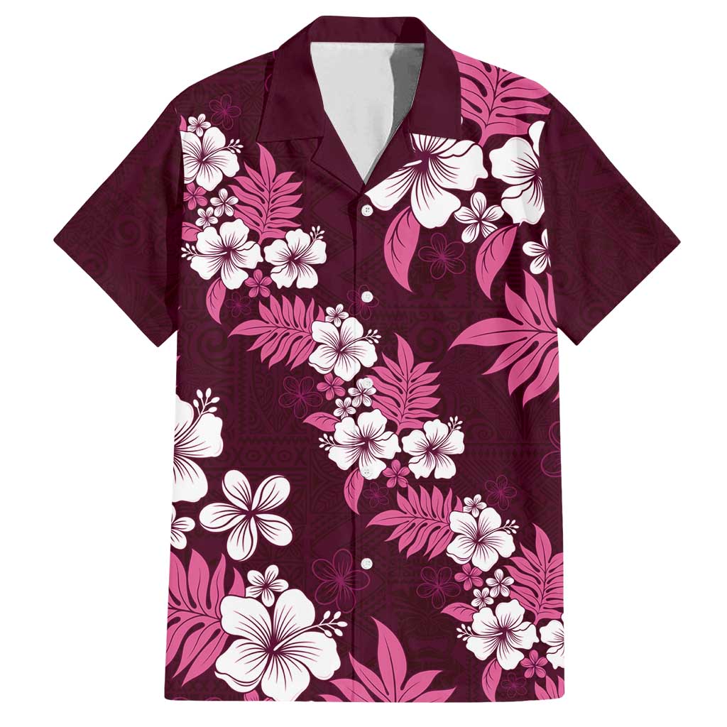 Hawaiian Hibiscus Tribal Floral Pink Family Matching Off Shoulder Short Dress and Hawaiian Shirt Polynesian Tapa Pattern - Polynesian Pride