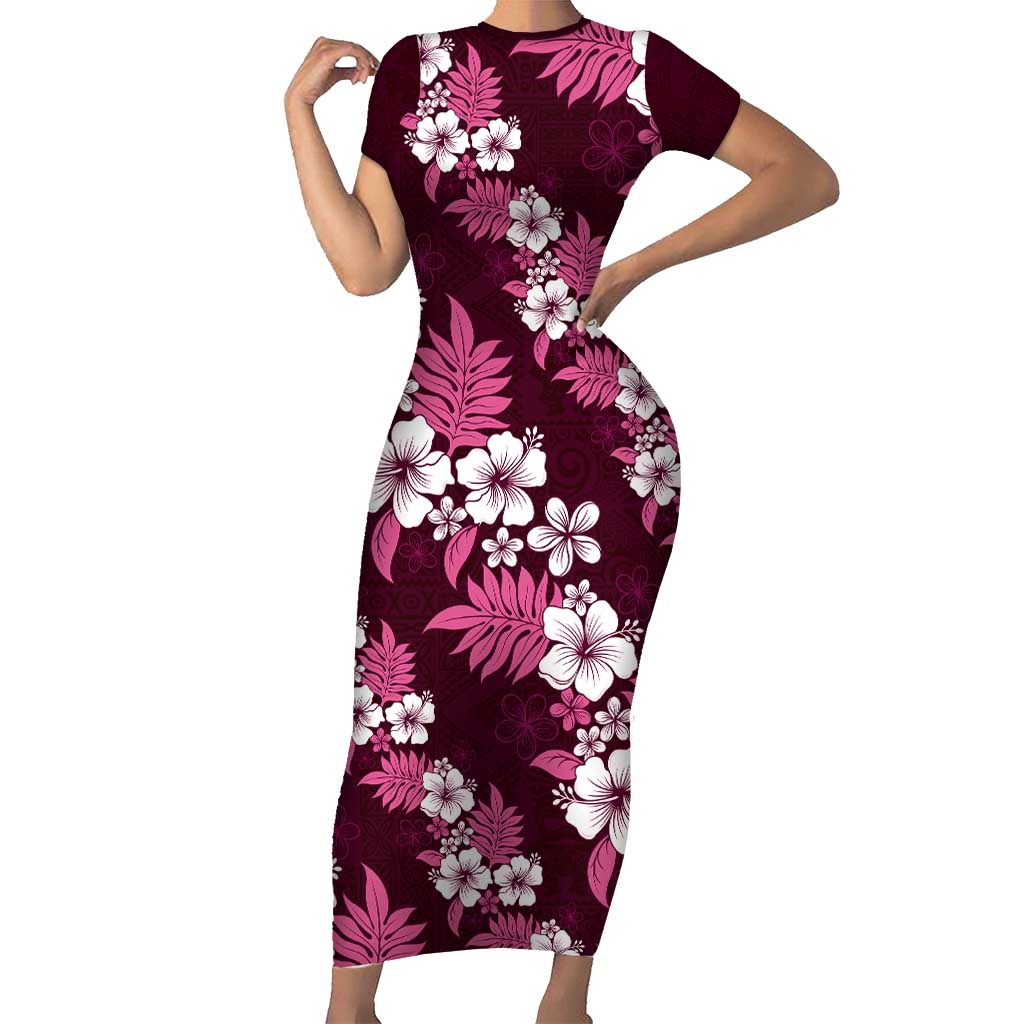Hawaiian Hibiscus Tribal Floral Pink Family Matching Short Sleeve Bodycon Dress and Hawaiian Shirt Polynesian Tapa Pattern - Polynesian Pride