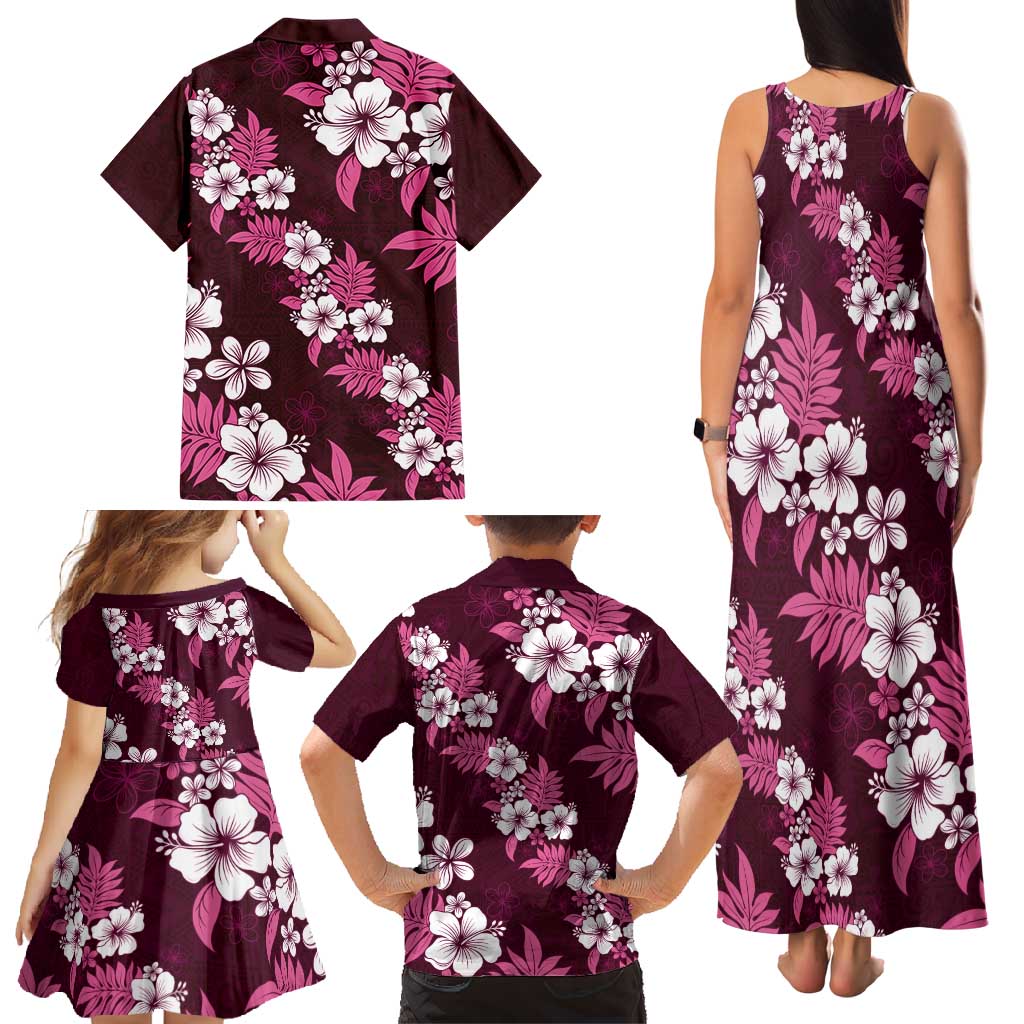 Hawaiian Hibiscus Tribal Floral Pink Family Matching Tank Maxi Dress and Hawaiian Shirt Polynesian Tapa Pattern - Polynesian Pride