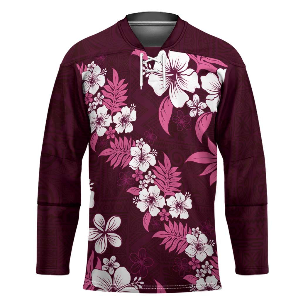 Hawaiian Hibiscus Tribal Floral Pink Hockey Jersey Polynesian Tapa Pattern - Polynesian Pride