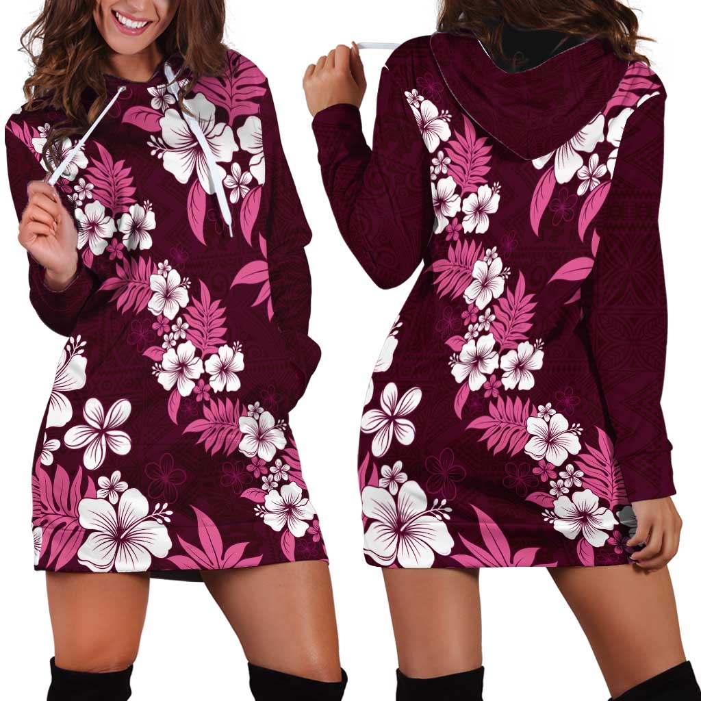 Hawaiian Hibiscus Tribal Floral Pink Hoodie Dress Polynesian Tapa Pattern - Polynesian Pride