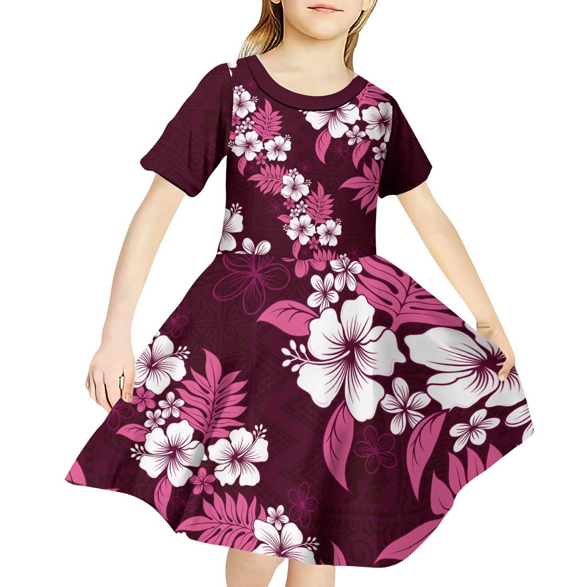 Hawaiian Hibiscus Tribal Floral Pink Kid Short Sleeve Dress Polynesian Tapa Pattern - Polynesian Pride