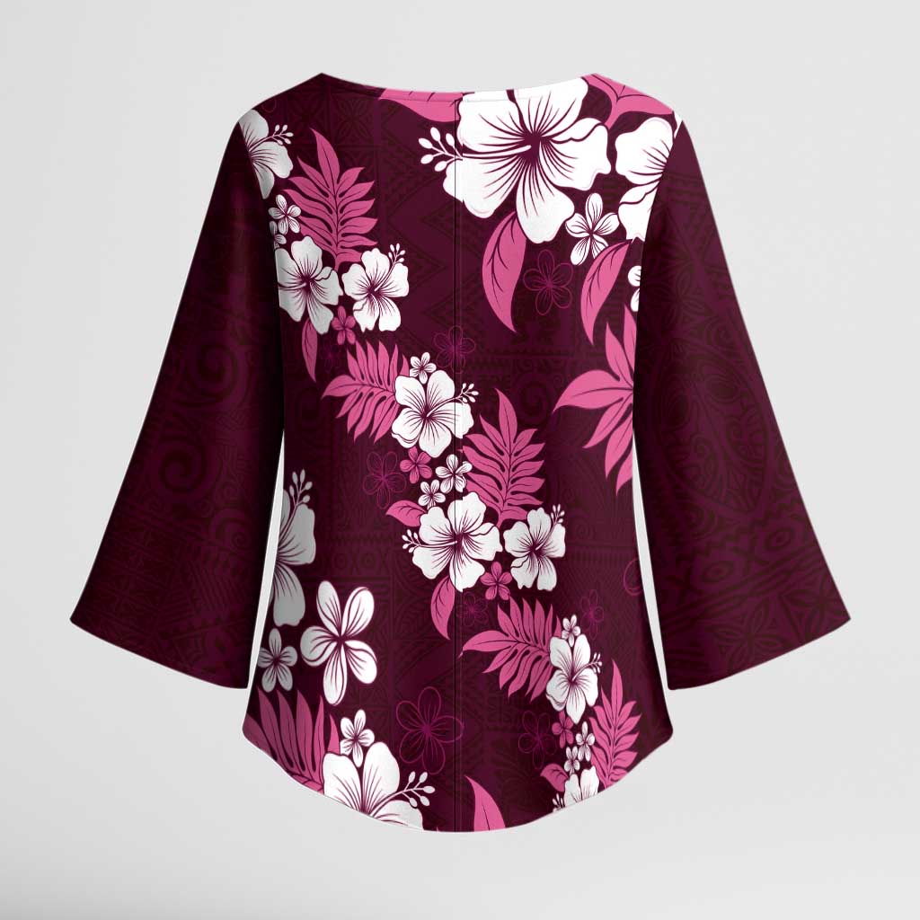 Hawaiian Hibiscus Tribal Floral Pink Kimono Sleeve Blouse Polynesian Tapa Pattern - Polynesian Pride