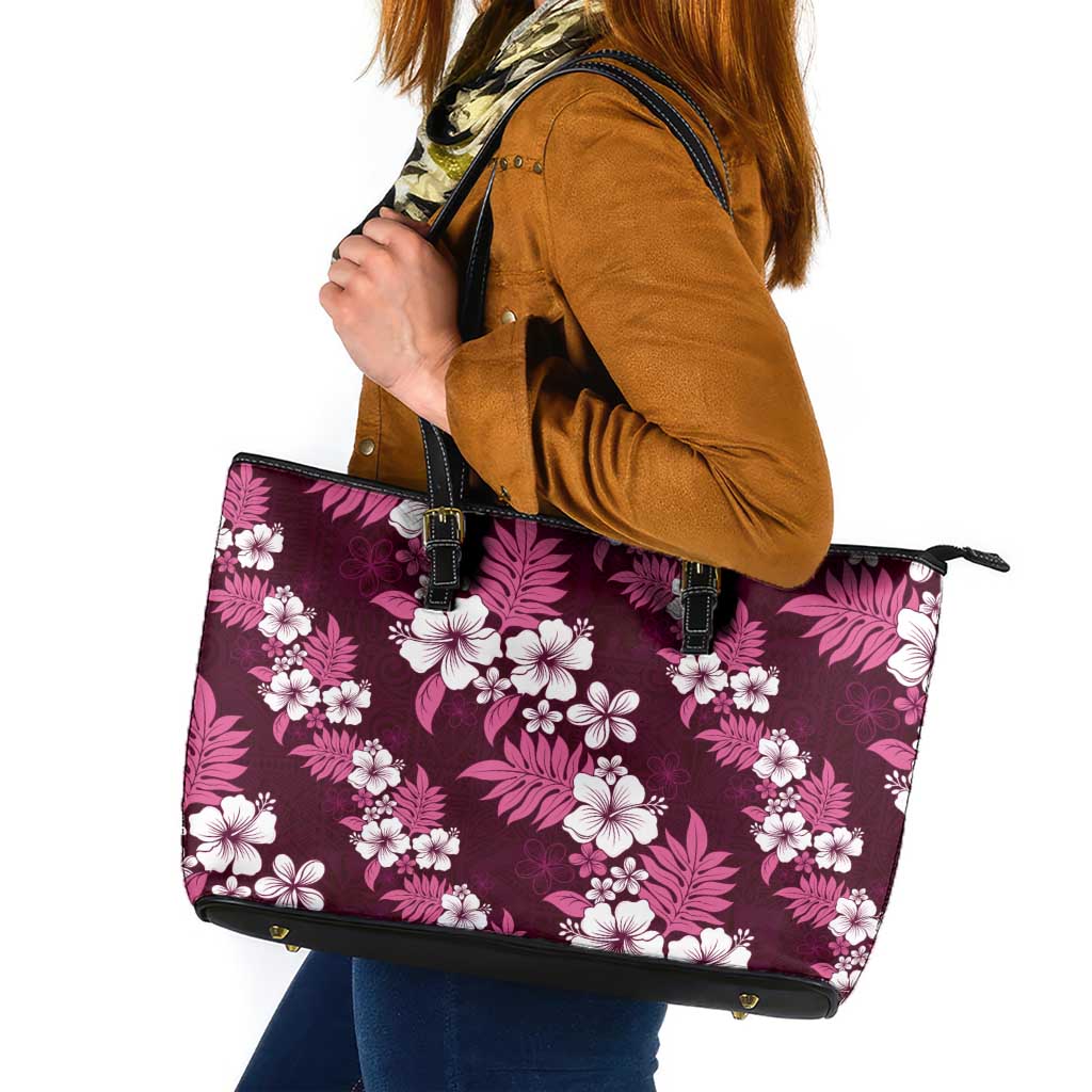 Hawaiian Hibiscus Tribal Floral Pink Leather Tote Bag Polynesian Tapa Pattern LT01 Pink - Polynesian Pride
