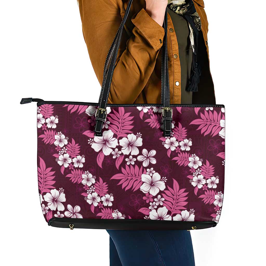 Hawaiian Hibiscus Tribal Floral Pink Leather Tote Bag Polynesian Tapa Pattern LT01 - Polynesian Pride