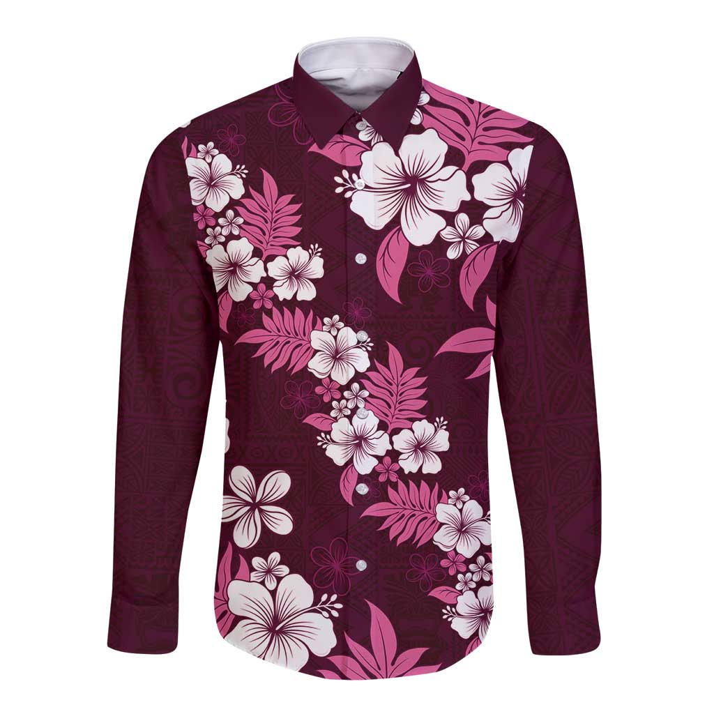 Hawaiian Hibiscus Tribal Floral Pink Long Sleeve Button Shirt Polynesian Tapa Pattern - Polynesian Pride