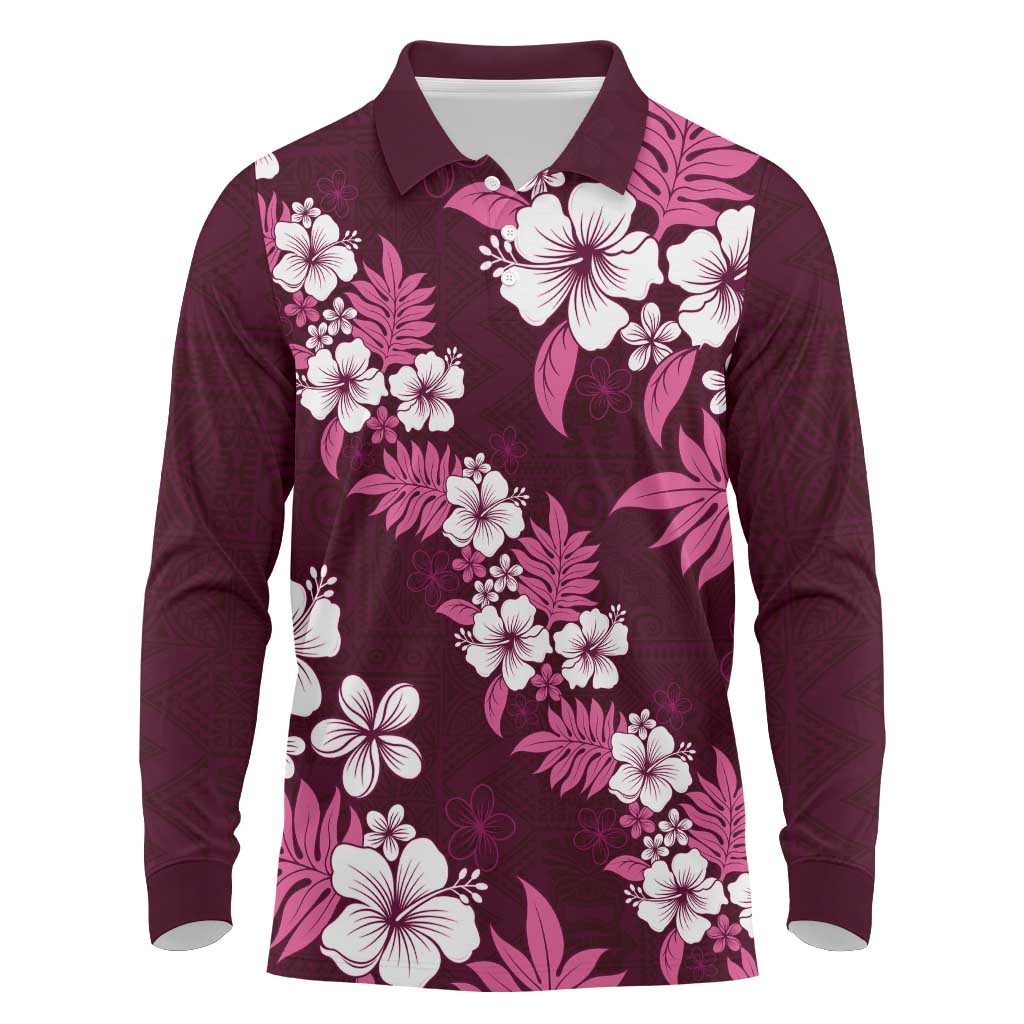 Hawaiian Hibiscus Tribal Floral Pink Long Sleeve Polo Shirt Polynesian Tapa Pattern LT01 Pink - Polynesian Pride