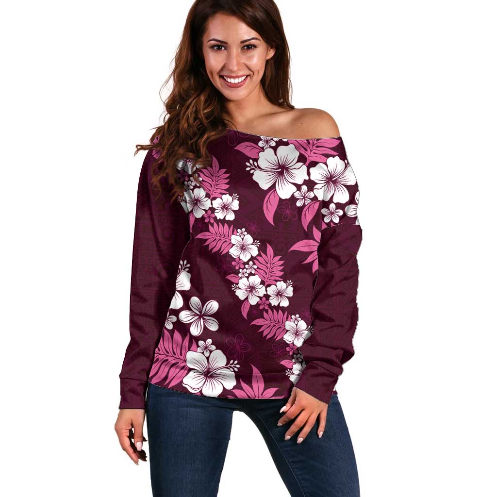 Hawaiian Hibiscus Tribal Floral Pink Off Shoulder Sweater Polynesian Tapa Pattern - Polynesian Pride