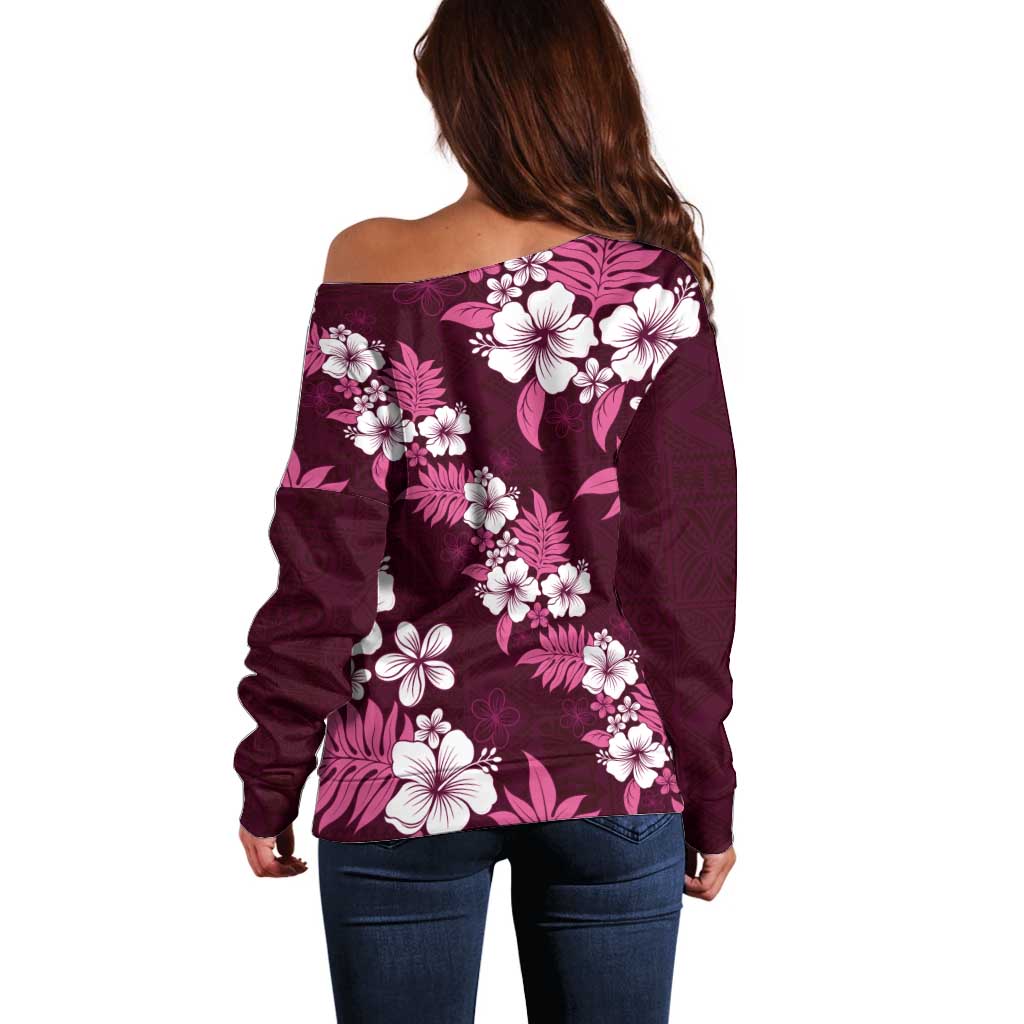 Hawaiian Hibiscus Tribal Floral Pink Off Shoulder Sweater Polynesian Tapa Pattern - Polynesian Pride