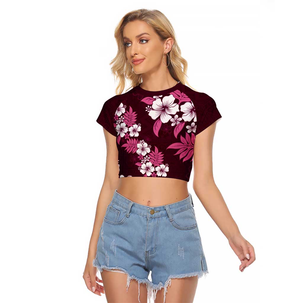 Hawaiian Hibiscus Tribal Floral Pink Raglan Cropped T Shirt Polynesian Tapa Pattern LT01 Female Pink - Polynesian Pride