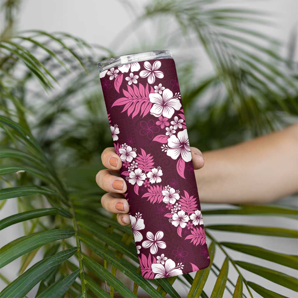 Hawaiian Hibiscus Tribal Floral Pink Skinny Tumbler Polynesian Tapa Pattern - Polynesian Pride