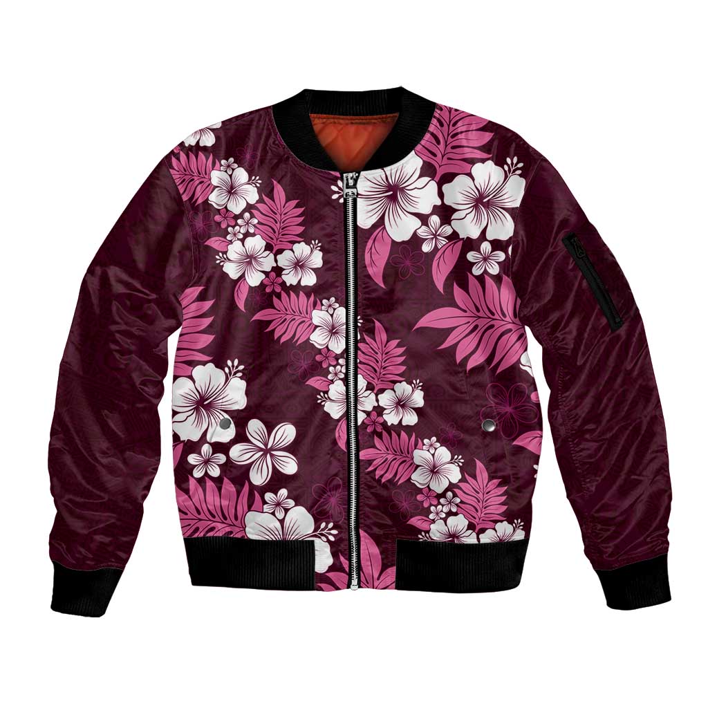 Hawaiian Hibiscus Tribal Floral Pink Sleeve Zip Bomber Jacket Polynesian Tapa Pattern LT01 Unisex Pink - Polynesian Pride