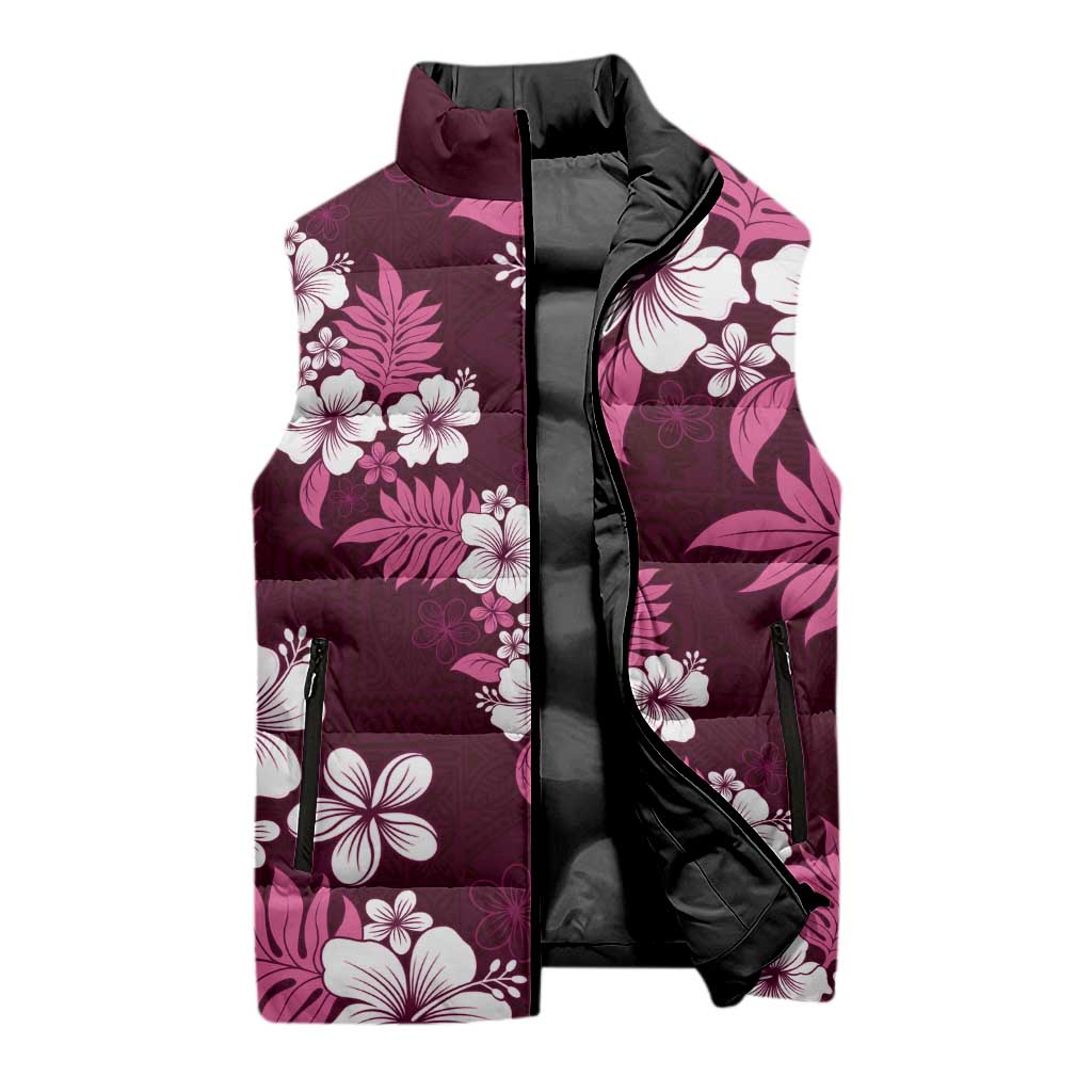 Hawaiian Hibiscus Tribal Floral Pink Sleeveless Puffer Jacket Polynesian Tapa Pattern LT01 - Polynesian Pride