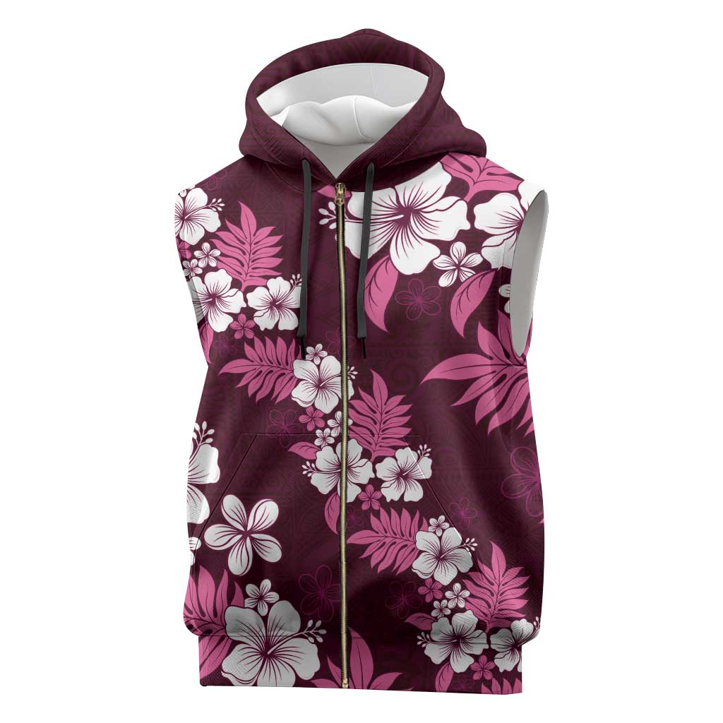 Hawaiian Hibiscus Tribal Floral Pink Sleeveless Zip Hoodie Polynesian Tapa Pattern - Polynesian Pride