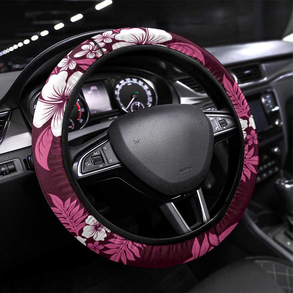Hawaiian Hibiscus Tribal Floral Pink Steering Wheel Cover Polynesian Tapa Pattern - Polynesian Pride