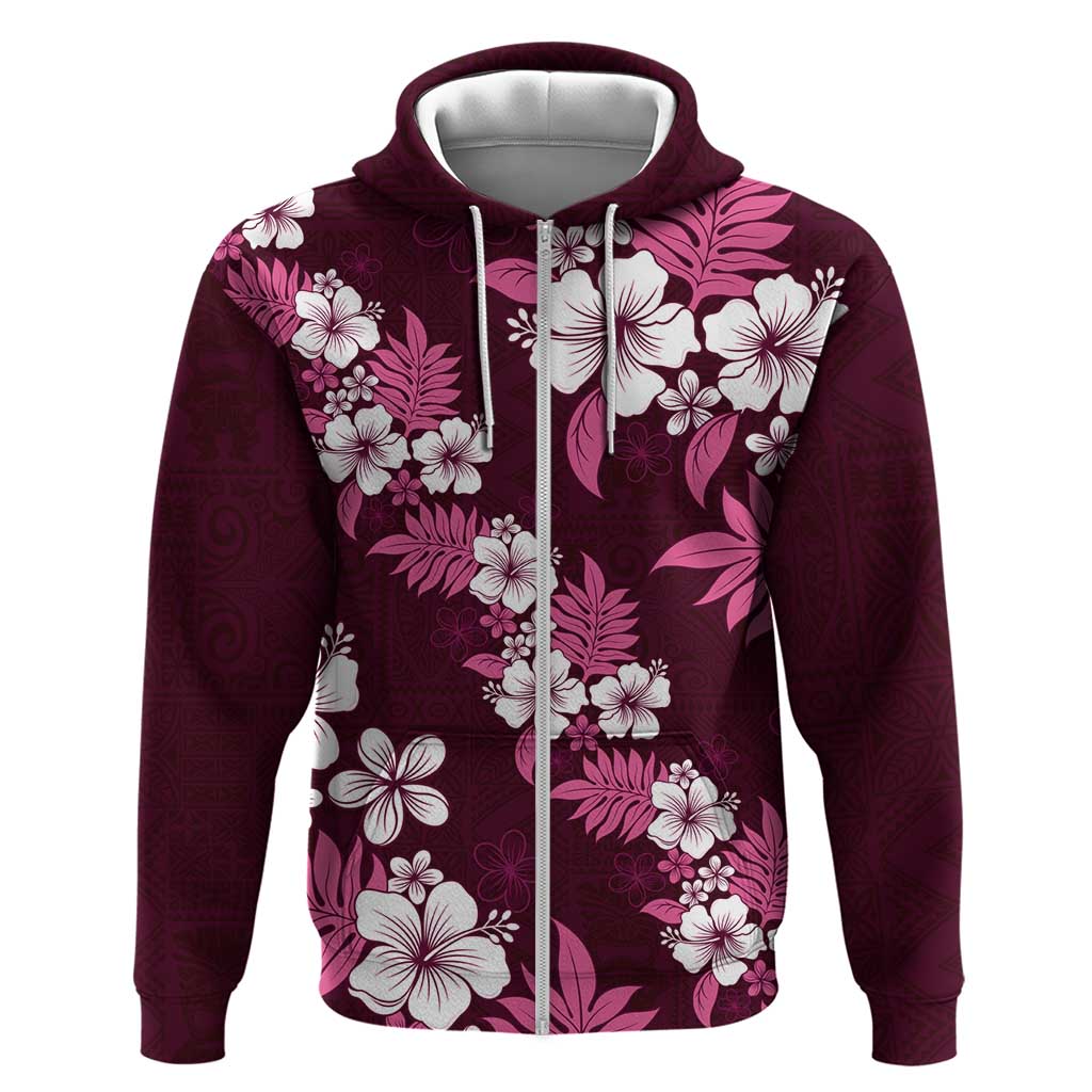 Hawaiian Hibiscus Tribal Floral Pink Zip Hoodie Polynesian Tapa Pattern - Polynesian Pride