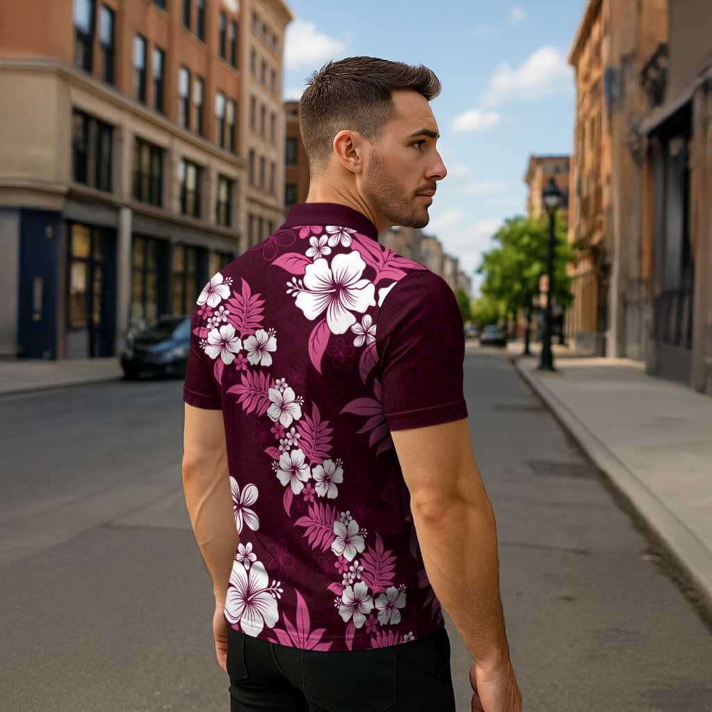 Hawaiian Hibiscus Tribal Floral Pink Zipper Polo Shirt Polynesian Tapa Pattern - Polynesian Pride
