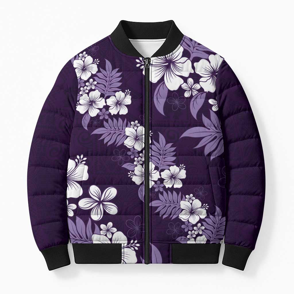 Hawaiian Hibiscus Tribal Floral Purple Bomber Puffer Jacket Polynesian Tapa Pattern LT01 Unisex Purple - Polynesian Pride