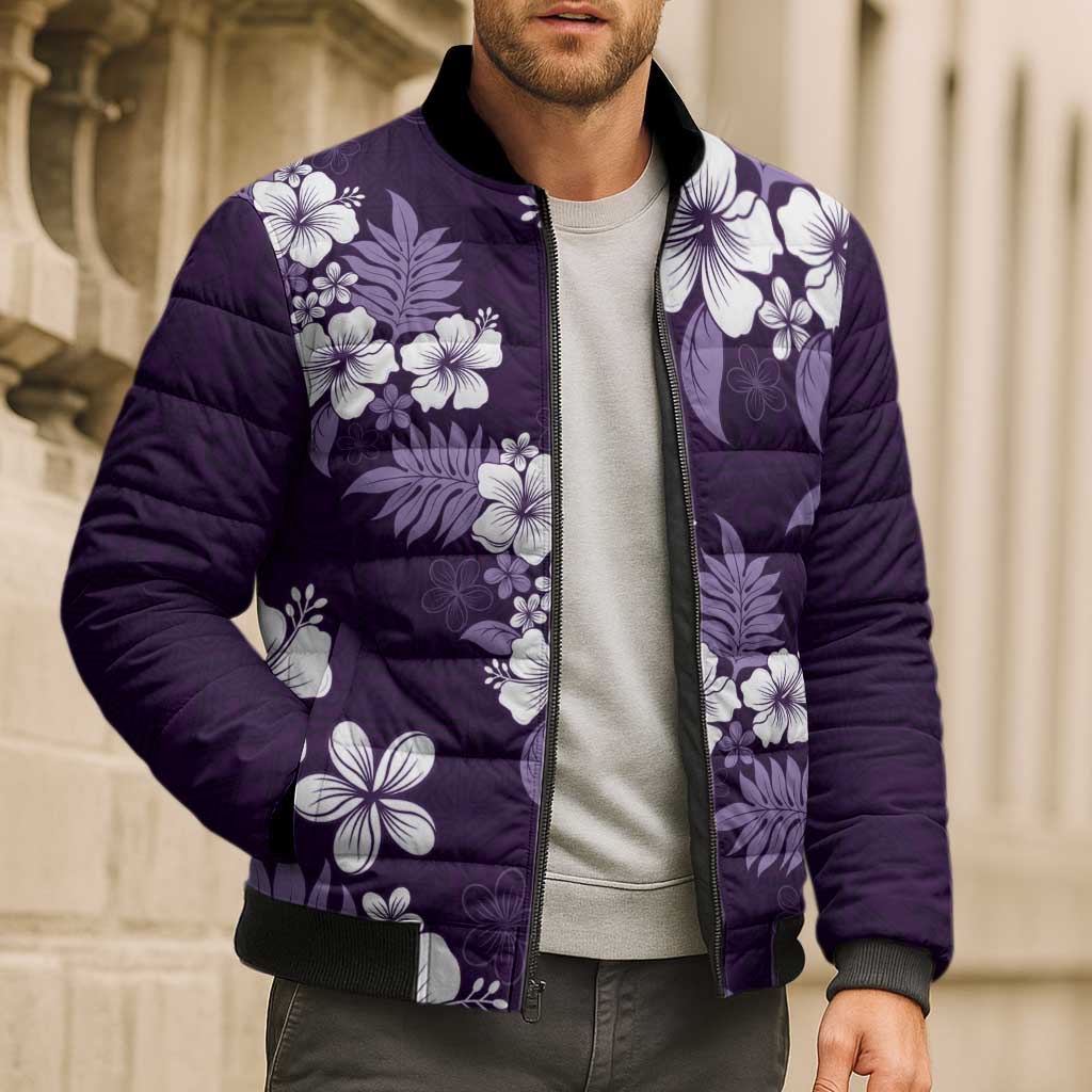 Hawaiian Hibiscus Tribal Floral Purple Bomber Puffer Jacket Polynesian Tapa Pattern LT01 - Polynesian Pride