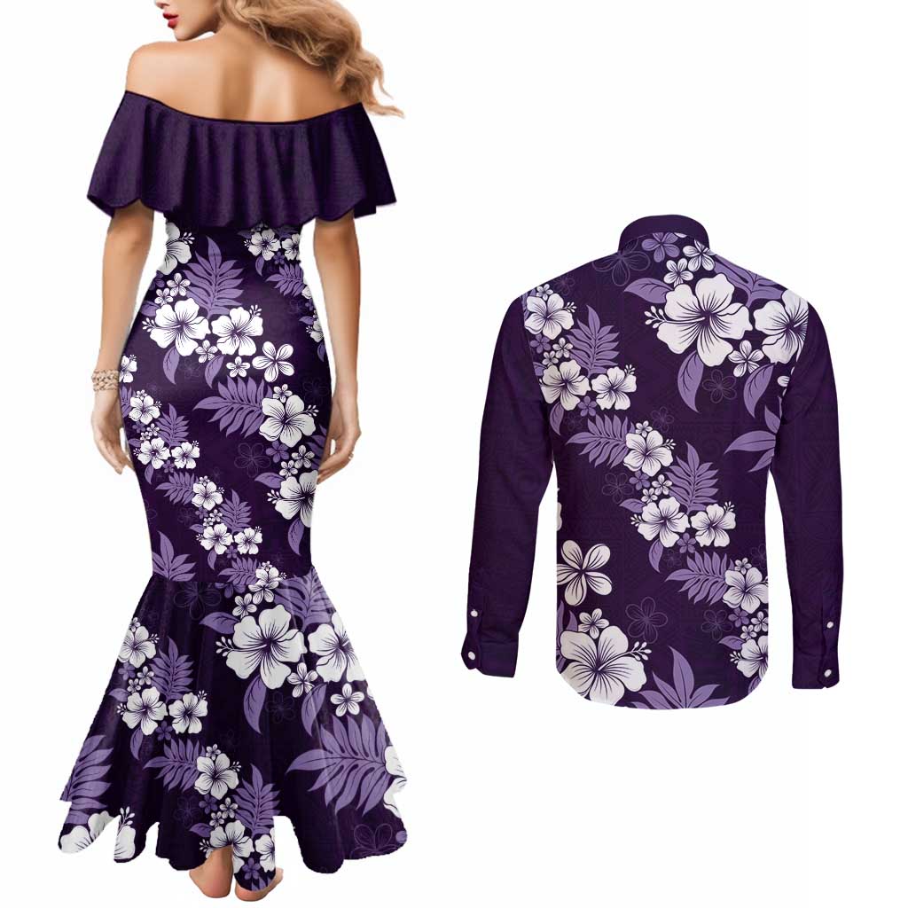 Hawaiian Hibiscus Tribal Floral Purple Couples Matching Mermaid Dress and Long Sleeve Button Shirt Polynesian Tapa Pattern - Polynesian Pride