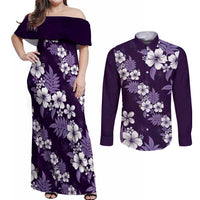 Hawaiian Hibiscus Tribal Floral Purple Couples Matching Off Shoulder Maxi Dress and Long Sleeve Button Shirt Polynesian Tapa Pattern - Polynesian Pride