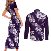 Hawaiian Hibiscus Tribal Floral Purple Couples Matching Short Sleeve Bodycon Dress and Long Sleeve Button Shirt Polynesian Tapa Pattern - Polynesian Pride