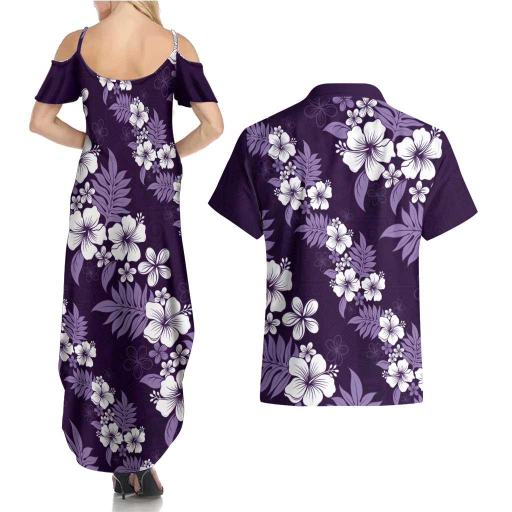Hawaiian Hibiscus Tribal Floral Purple Couples Matching Summer Maxi Dress and Hawaiian Shirt Polynesian Tapa Pattern - Polynesian Pride