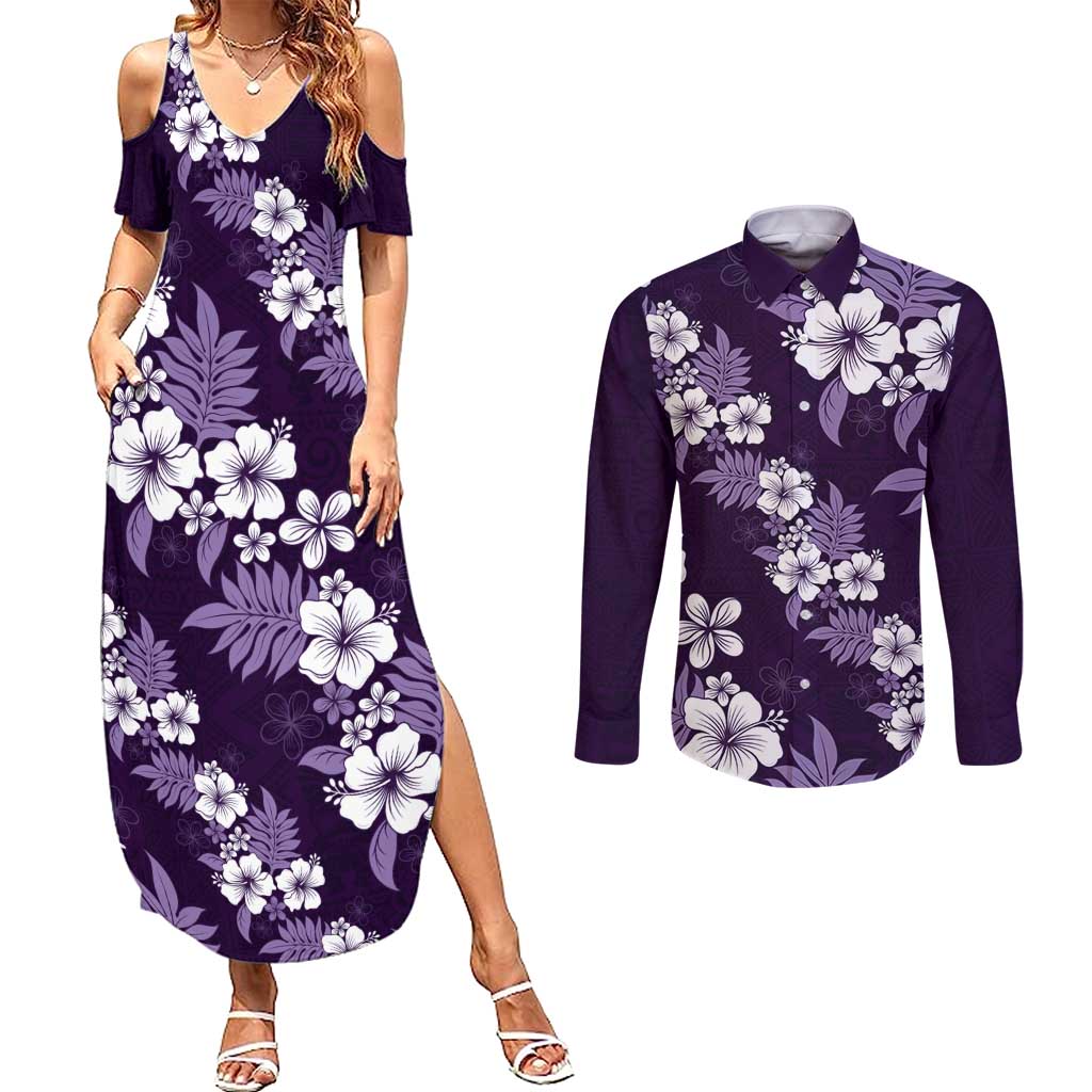 Hawaiian Hibiscus Tribal Floral Purple Couples Matching Summer Maxi Dress and Long Sleeve Button Shirt Polynesian Tapa Pattern - Polynesian Pride