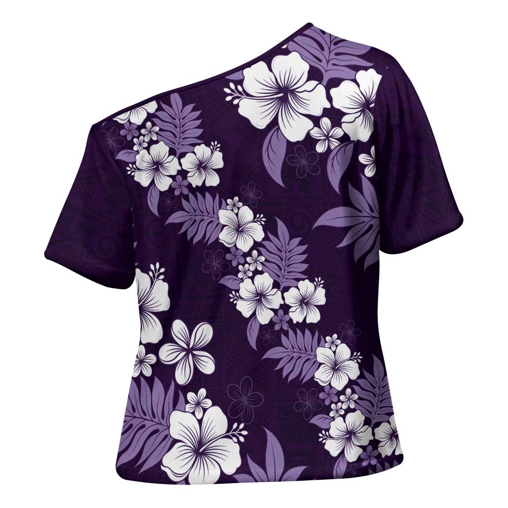 Hawaiian Hibiscus Tribal Floral Purple Cross Shoulder Shirt Polynesian Tapa Pattern LT01 - Polynesian Pride