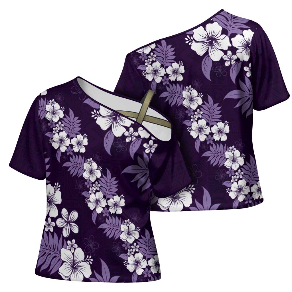 Hawaiian Hibiscus Tribal Floral Purple Cross Shoulder Shirt Polynesian Tapa Pattern LT01 - Polynesian Pride