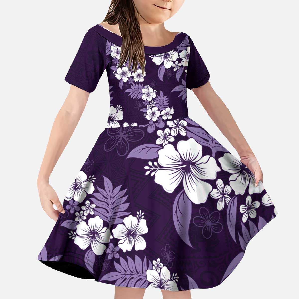 Hawaiian Hibiscus Tribal Floral Purple Family Matching Off The Shoulder Long Sleeve Dress and Hawaiian Shirt Polynesian Tapa Pattern - Polynesian Pride