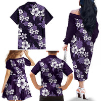 Hawaiian Hibiscus Tribal Floral Purple Family Matching Off The Shoulder Long Sleeve Dress and Hawaiian Shirt Polynesian Tapa Pattern - Polynesian Pride