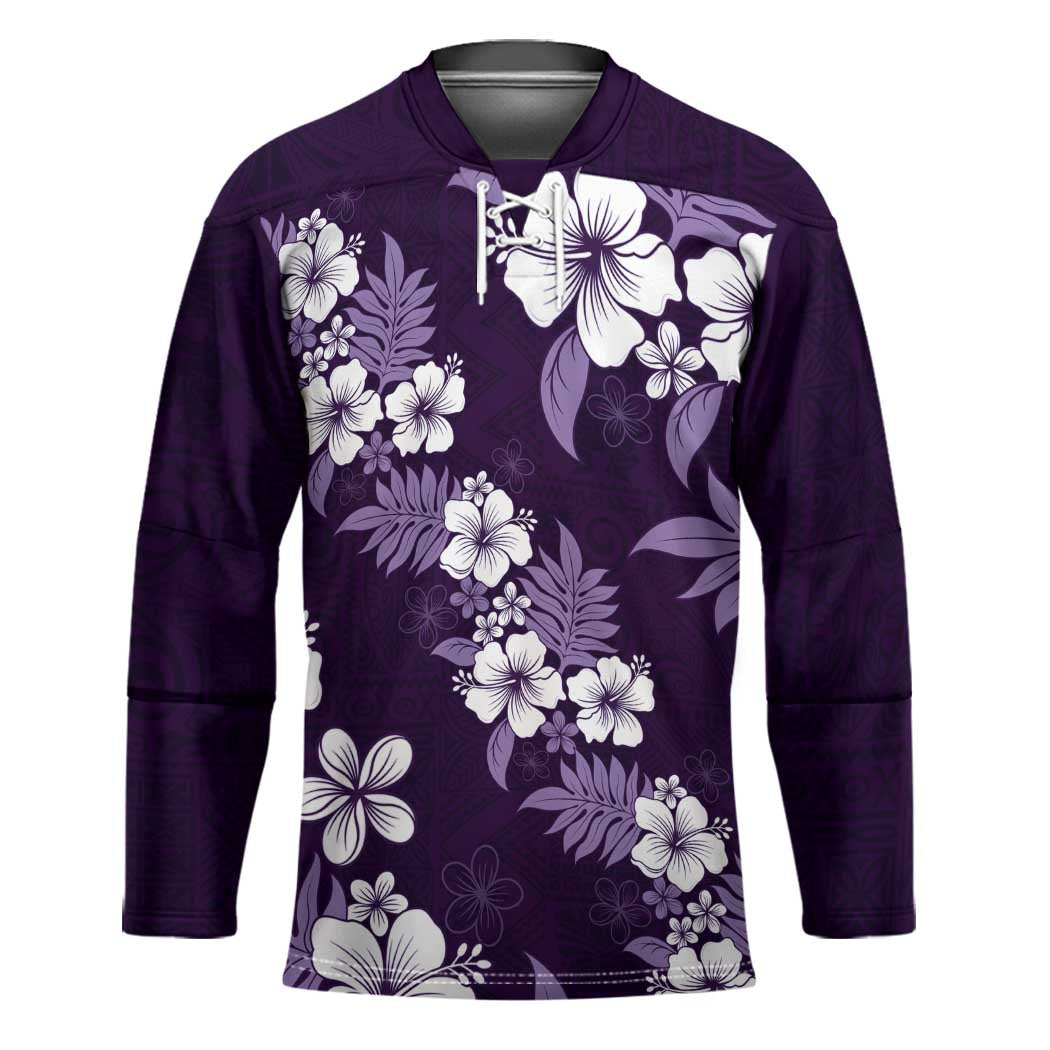 Hawaiian Hibiscus Tribal Floral Purple Hockey Jersey Polynesian Tapa Pattern - Polynesian Pride