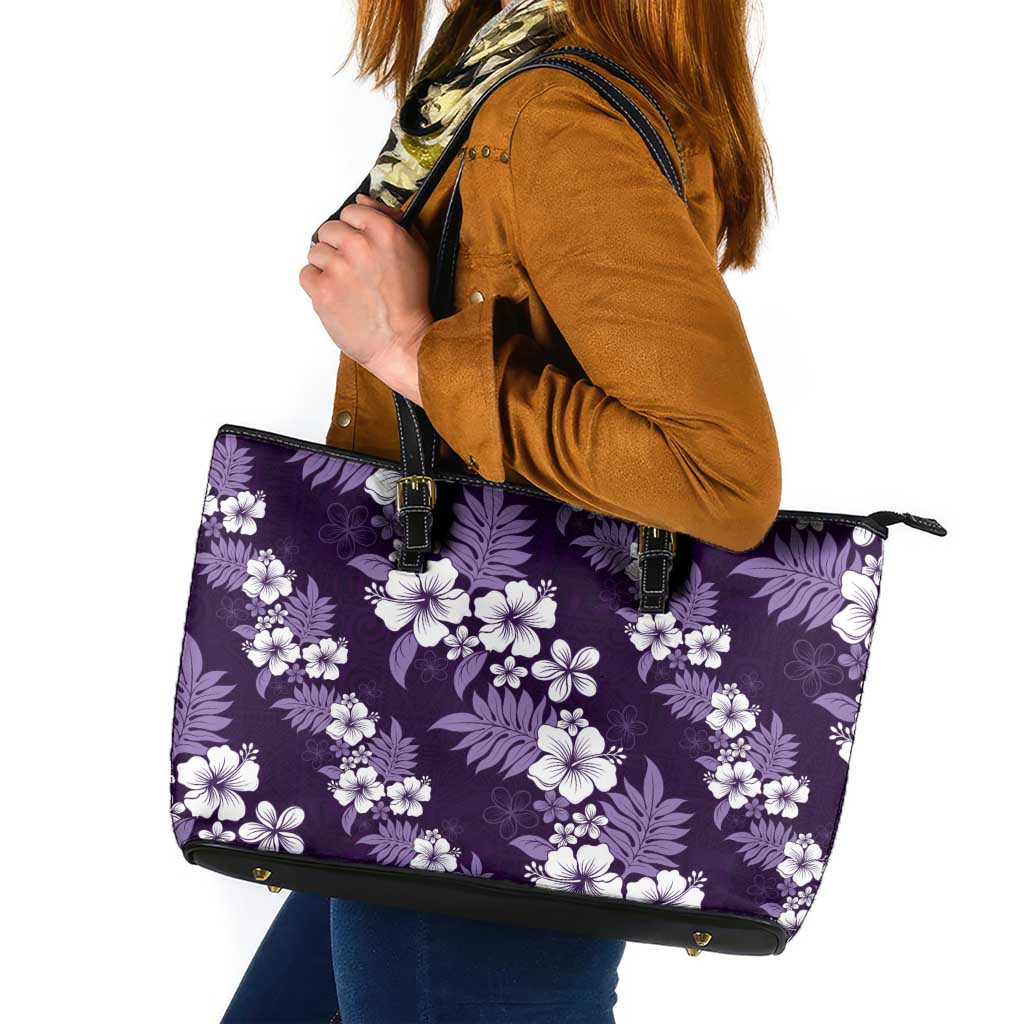 Hawaiian Hibiscus Tribal Floral Purple Leather Tote Bag Polynesian Tapa Pattern LT01 Purple - Polynesian Pride