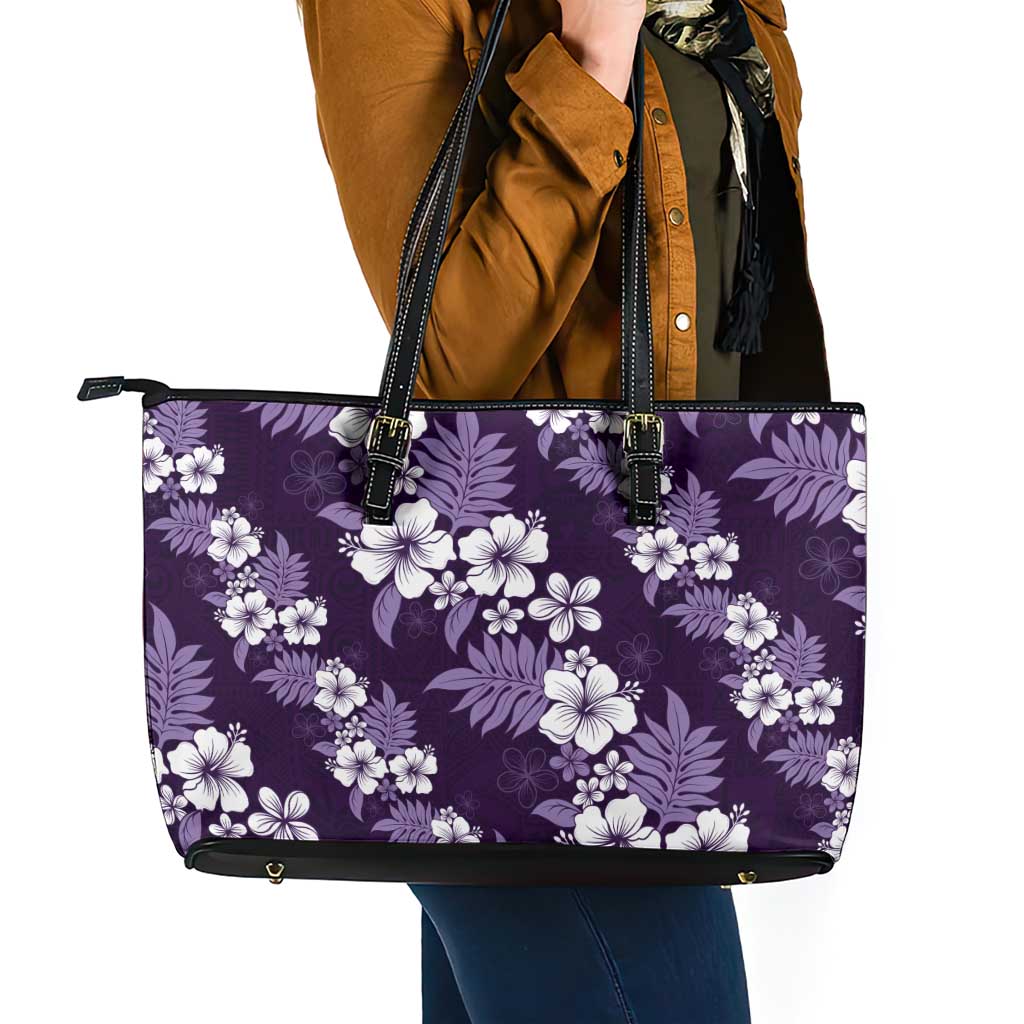Hawaiian Hibiscus Tribal Floral Purple Leather Tote Bag Polynesian Tapa Pattern LT01 - Polynesian Pride