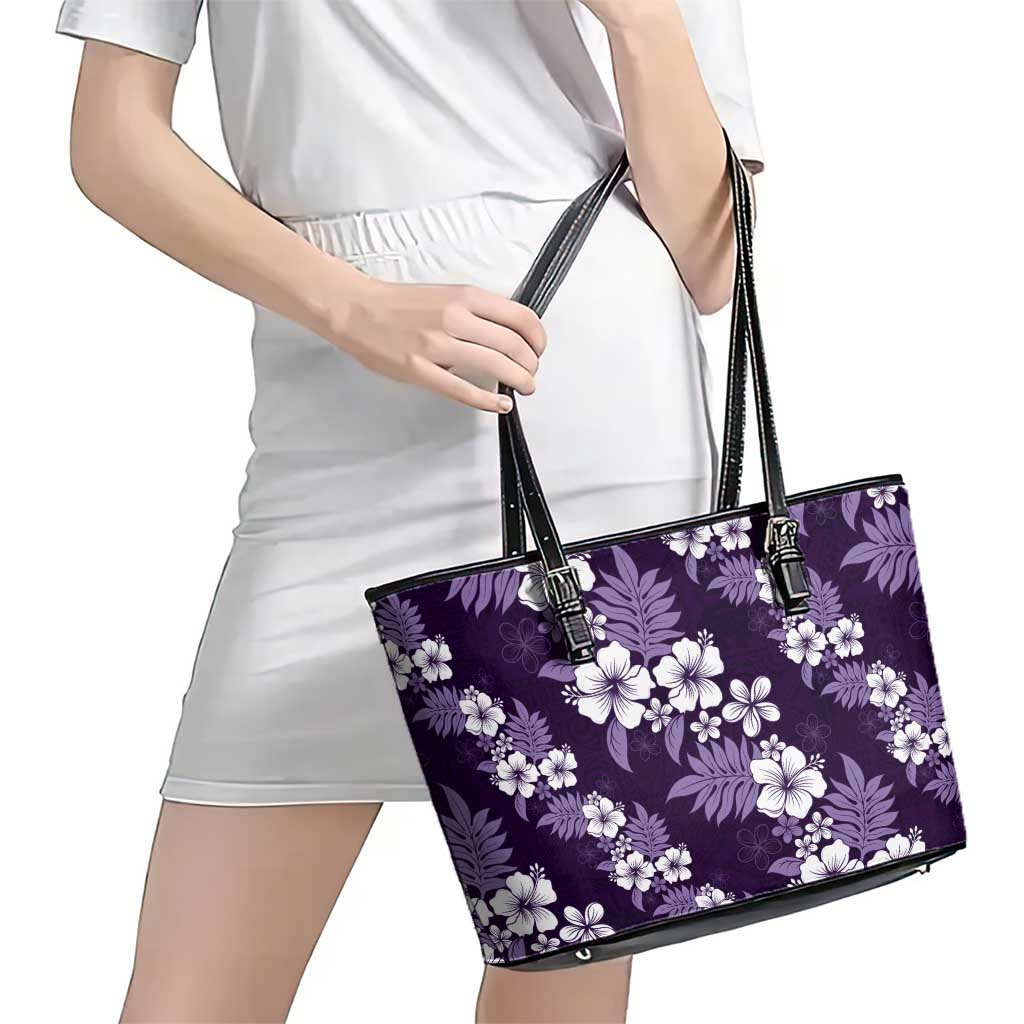 Hawaiian Hibiscus Tribal Floral Purple Leather Tote Bag Polynesian Tapa Pattern LT01 - Polynesian Pride