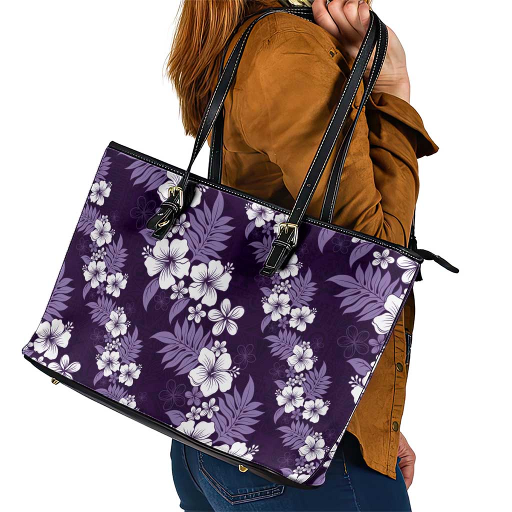 Hawaiian Hibiscus Tribal Floral Purple Leather Tote Bag Polynesian Tapa Pattern LT01 - Polynesian Pride