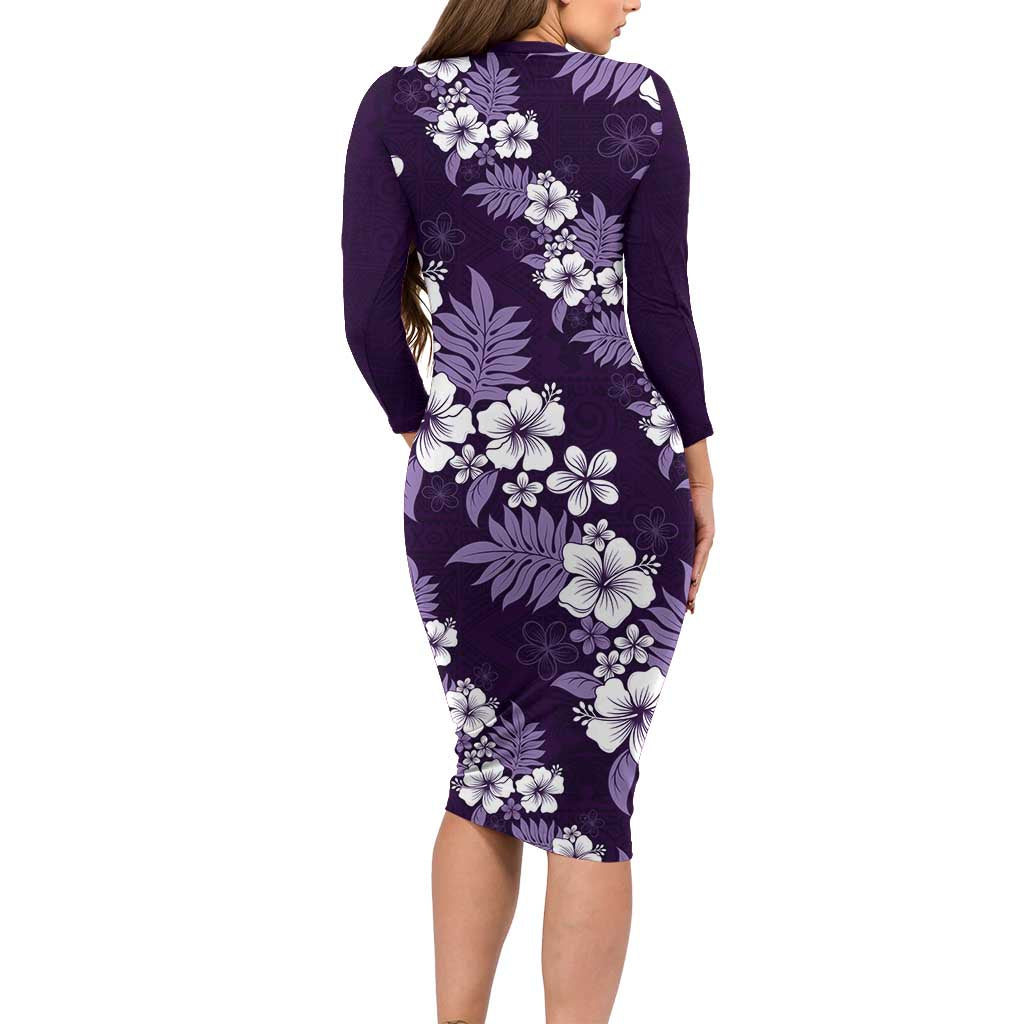 Hawaiian Hibiscus Tribal Floral Purple Long Sleeve Bodycon Dress Polynesian Tapa Pattern - Polynesian Pride