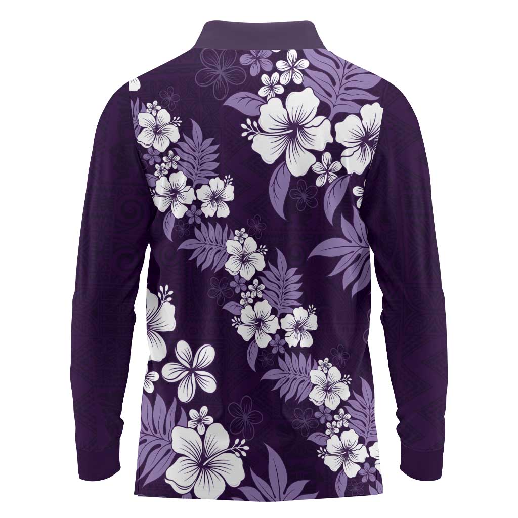 Hawaiian Hibiscus Tribal Floral Purple Long Sleeve Polo Shirt Polynesian Tapa Pattern LT01 - Polynesian Pride
